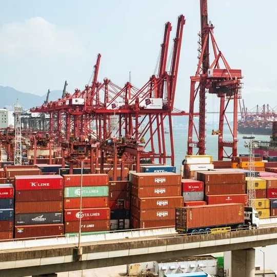 Cargo containers and red cranes at a Hong Kong port
