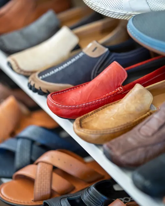 Assorted shoes displayed on shelves